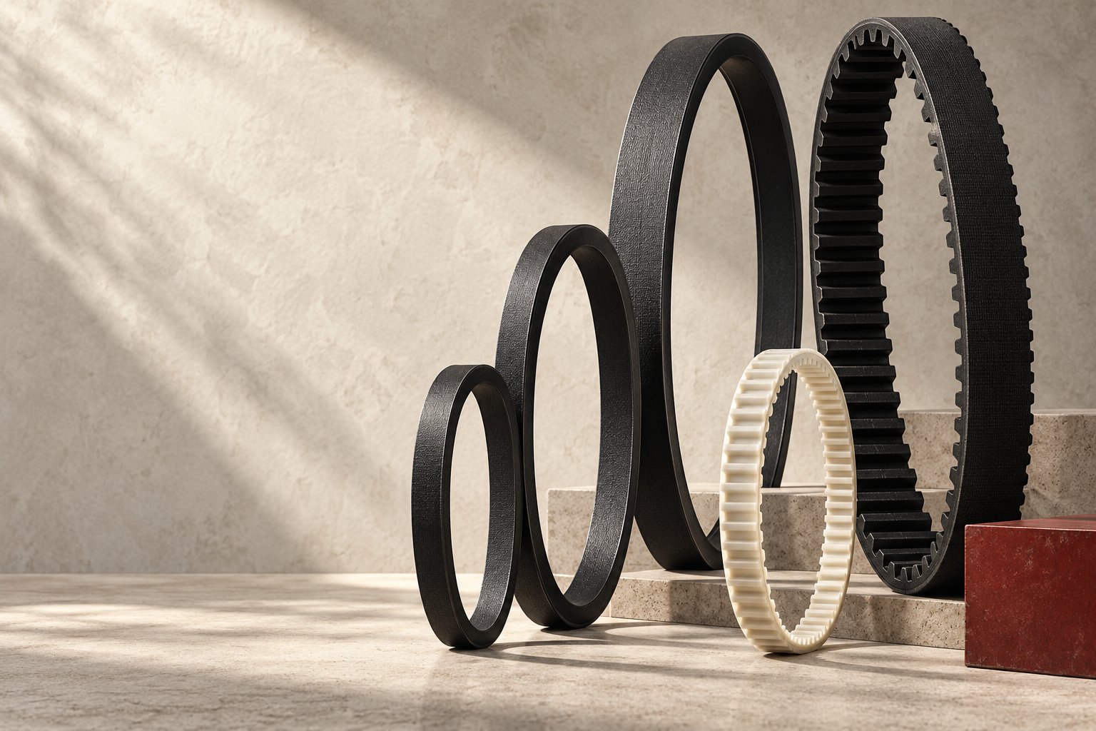 Concept studio arrangement of black industrial belts and an ivory polyurethane timing belt